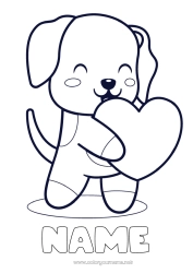 Free coloring Cute Heart Dog I love you Animal Valentine's Day Easy coloring pages Dog and cat