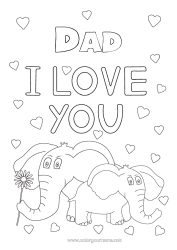 Free colouring Heart Dad Mum Grandma Grandad Elephant I love you. Animal