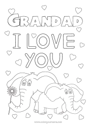 Free colouring Heart Dad Mum Grandma Grandad Elephant I love you. Animal