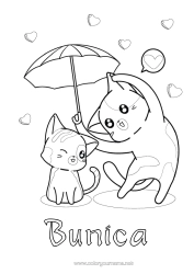 Pagină de colorat gratuită Inimă Pisică Te iubesc. Animal Umbrelă Câini și pisici