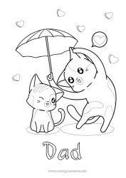Free colouring Heart Cat I love you. Animal Umbrella Dogs and cats