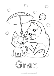 Free colouring Heart Cat I love you. Animal Umbrella Dogs and cats