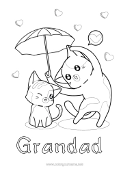 Free colouring Heart Cat I love you. Animal Umbrella Dogs and cats