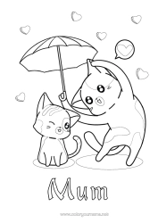 Free colouring Heart Cat I love you. Animal Umbrella Dogs and cats