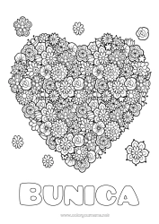 Pagină de colorat pentru copii Flori Inimă Mama Bunica La mulți ani! Primăvară Te iubesc. Inimă mare Desene de colorat complexe