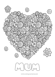 Free colouring Flowers Heart Mum Grandma Happy birthday Spring I love you. Big heart Complex colouring pages
