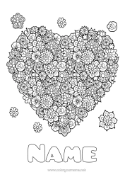 Free colouring Flowers Heart Mum Grandma Happy birthday Spring I love you. Big heart Complex colouring pages