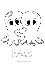 Free colouring Cute Heart I love you. Jellyfish Sea Animal Marine or aquatic animals Octopus