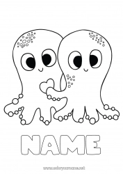 Free coloring Cute Heart I love you Jellyfish Sea Animal Marine or aquatic animals Octopus