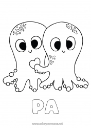 Kleurplaat voor kinderen Schattig Hart Ik hou van jou Kwal Zee Dier Zeedieren Octopus, inktvis