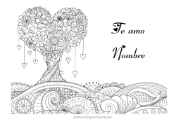 Colorear para personalizar Corazón Mandala Te amo Día de San Valentín Árbol Mensaje 