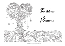 Pagină de colorat personalizată Inimă Mandala Te iubesc. Ziua Îndrăgostiților Copac 
