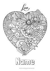 Free colouring Flowers Heart Mandala I love you.