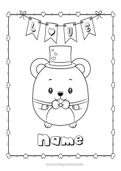 Colouring to customise Mouse I Love You. Animal Valentine's Day Forest Animals Bow Tie