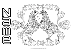 Free colouring Bird I love you. Animal Valentine's Day Birds and flying mammals