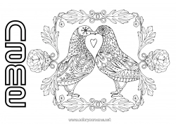 Free coloring Bird I love you Animal Valentine's Day Flying birds and mammals