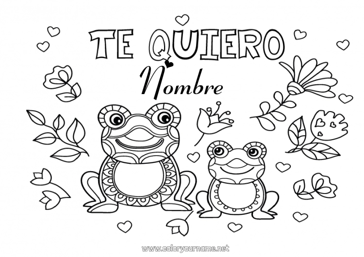 Dibujo para colorear para imprimir Flores Papá Mamá Abuela Abuelo Rana Te amo Inscripción 