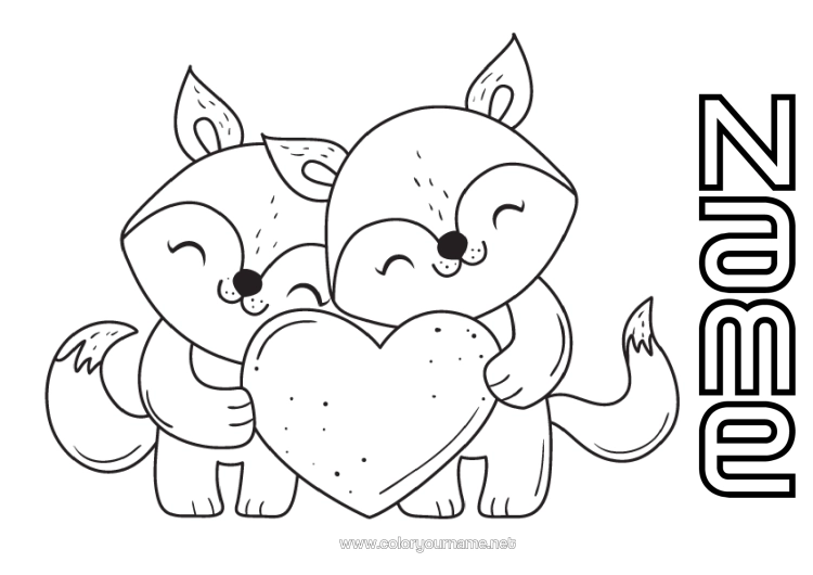 Colouring page to print Heart Fox I Love You. Animal Valentine's Day Forest Animals