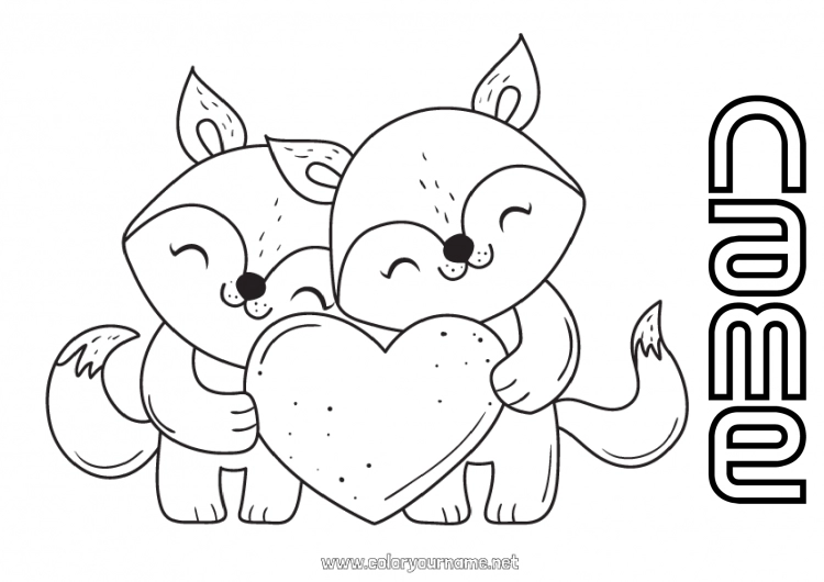 Coloring page to print Heart Fox I love you Animal Valentine's Day Forest animals