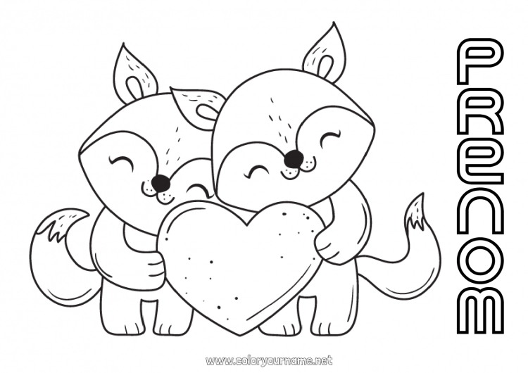 Coloriage à imprimer Coeur Renard Je t'aime Animal Saint valentin Animaux de la forêt