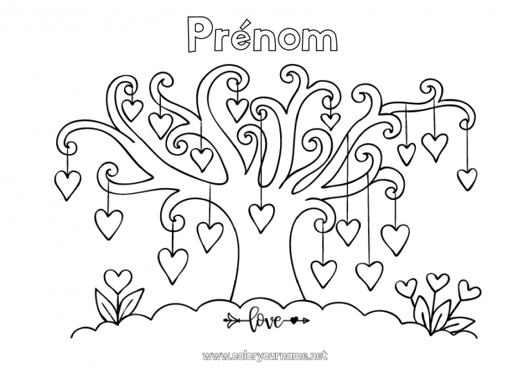 Coloriage à imprimer Coeur Je t'aime Saint valentin Arbre