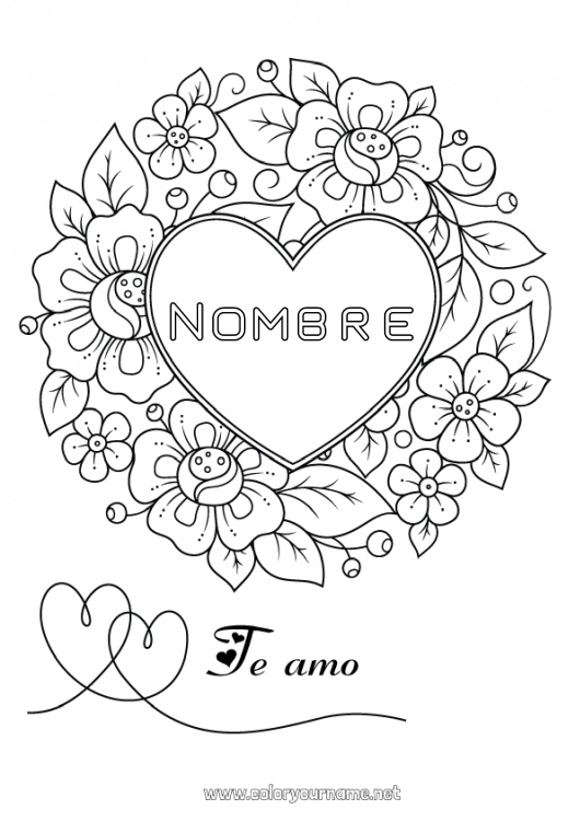 Dibujo para colorear para imprimir Flores Te amo Día de San Valentín Gran corazón Mensaje 