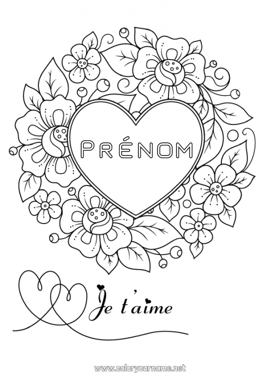 Coloriage à imprimer Fleurs Je t'aime Saint valentin Grand coeur 