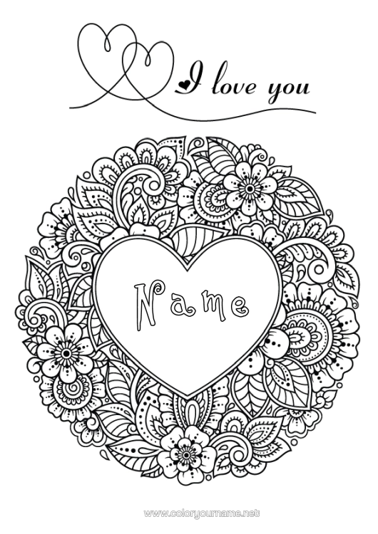 Colouring page to print Flowers Heart I Love You. Big Heart "I Love You"