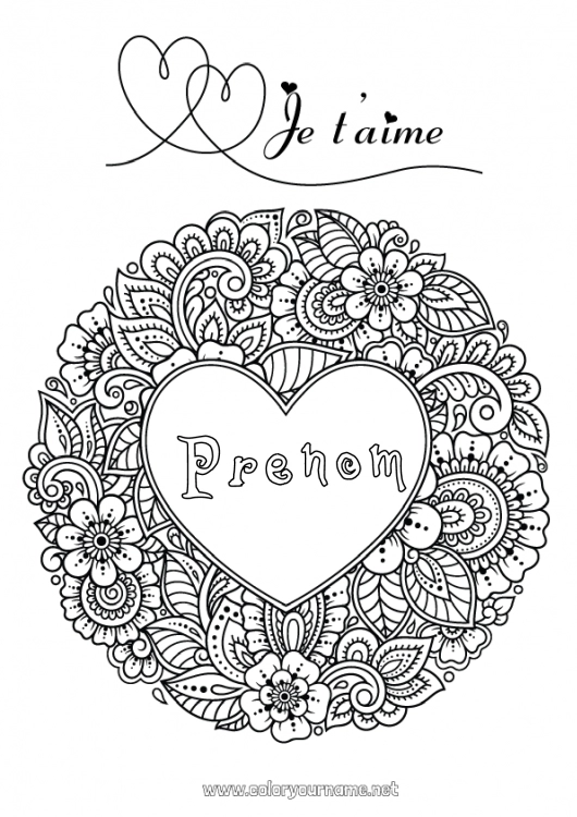 Coloriage à imprimer Fleurs Coeur Je t'aime Grand coeur 