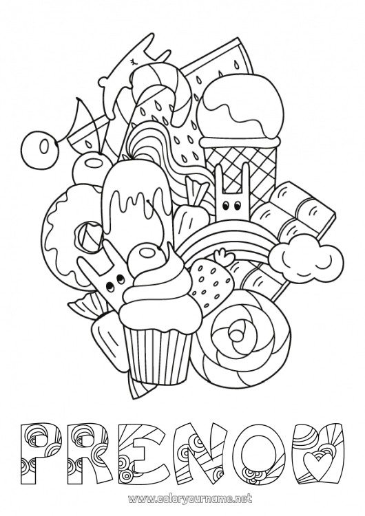 Coloriage à imprimer Mignon Kawaii Nourriture Gourmandises, sucreries