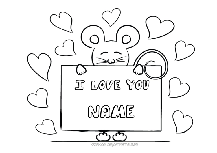 Colouring page to print Mouse I Love You. Animal Valentine's Day "I Love You" Forest Animals Sign