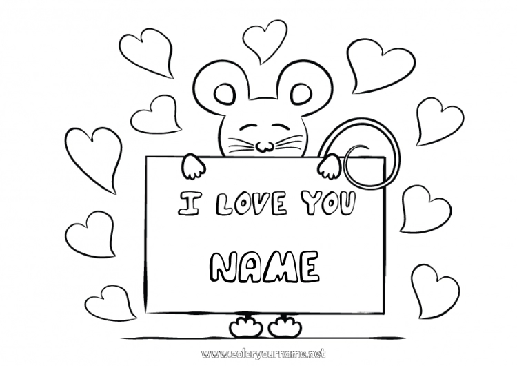 Coloring page to print Mouse I love you Animal Valentine's Day 