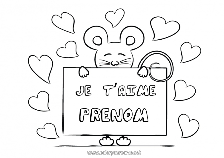 Coloriage à imprimer Souris Je t'aime Animal Saint valentin 