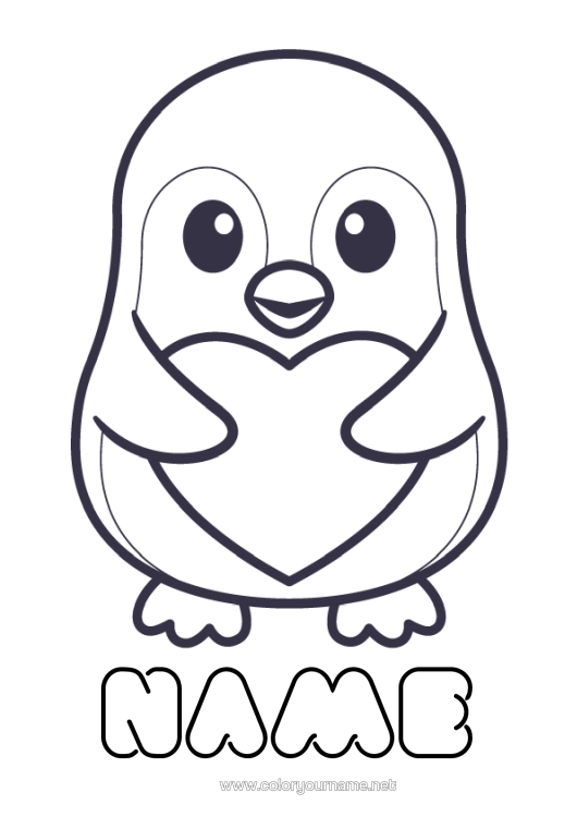 Colouring page to print Cute Heart I Love You. Penguin, Tuxedo Animal Birds And Flying Mammals
