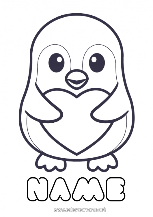 Coloring page to print Cute Heart I love you Penguin Flying birds and mammals