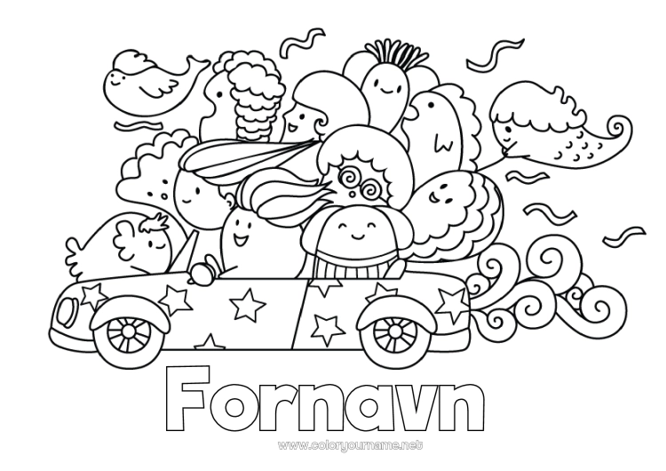 Farvelægningssiden til udskrivning Kawaii Køretøjer Bil Biler, varevogne og campingvogne