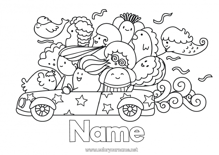 Coloring page to print Kawaii Vehicles Car Cars, vans, and motorhomes