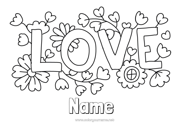 Colouring page to print Flowers I Love You. "Love" Message