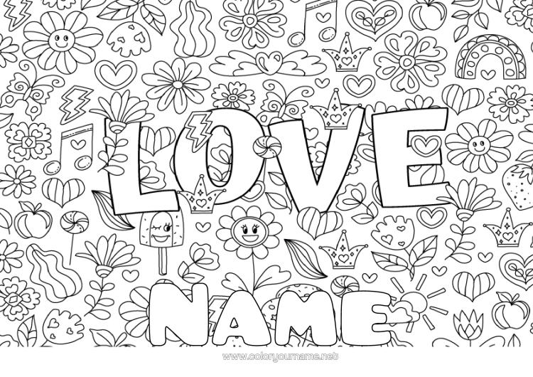 Colouring page to print Flowers I Love You. "Love" Message