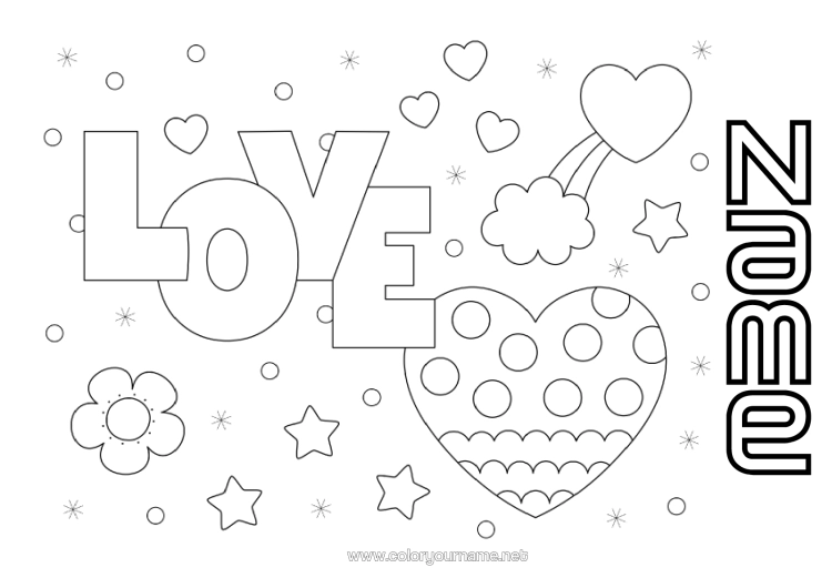 Colouring page to print Heart I Love You. "Love" Message
