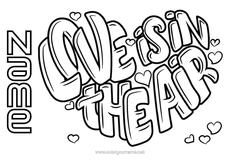 Colouring page to print Heart I Love You. Valentine's Day "Love" Message Big Heart