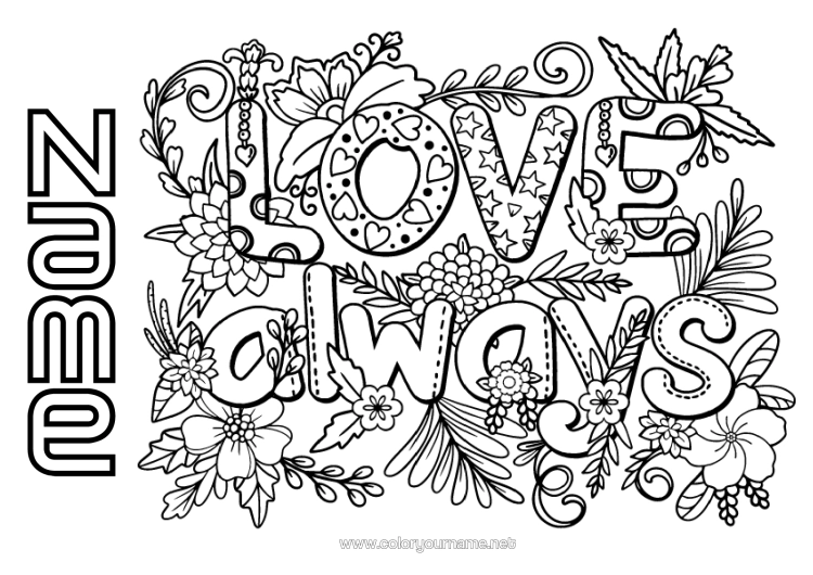 Colouring page to print Flowers I Love You. Valentine's Day "Love" Message