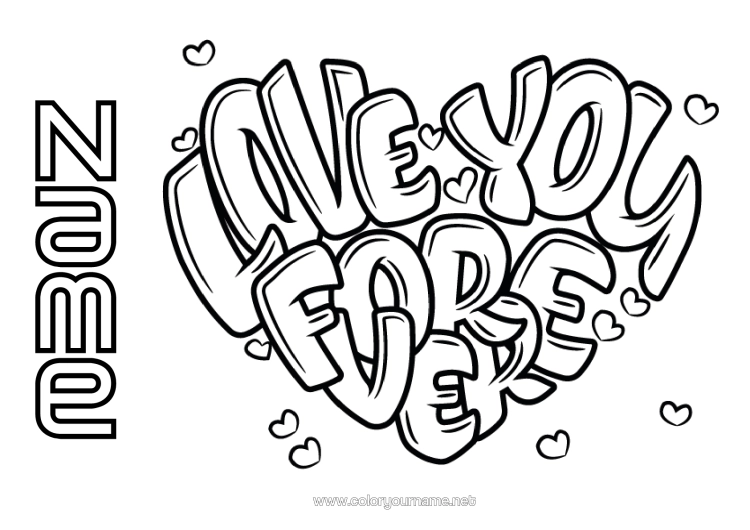 Colouring page to print Heart I Love You. Valentine's Day "Love" Message Big Heart