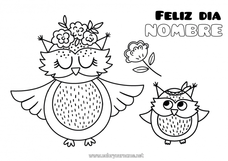 Dibujo para colorear para imprimir Flores Mamá Abuela Feliz día de fiesta Búho Animales Aves y mamíferos voladores