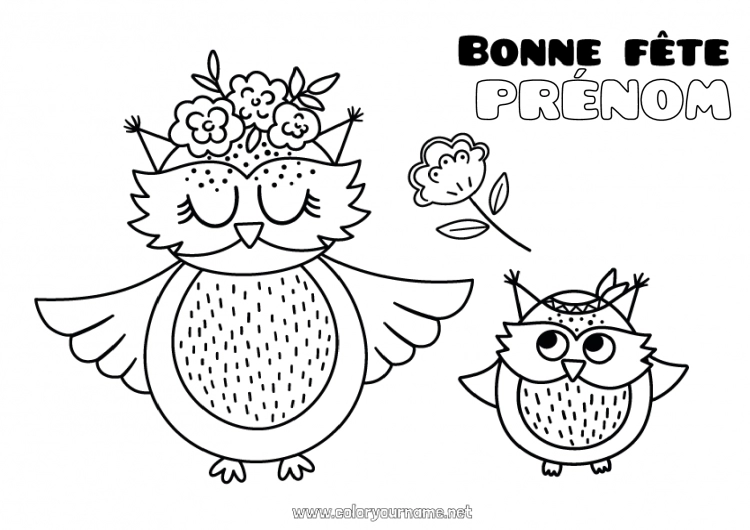 Coloriage à imprimer Fleurs Maman Mamie Bonne fête Chouette, Hibou Animal Oiseaux et mammifères volants