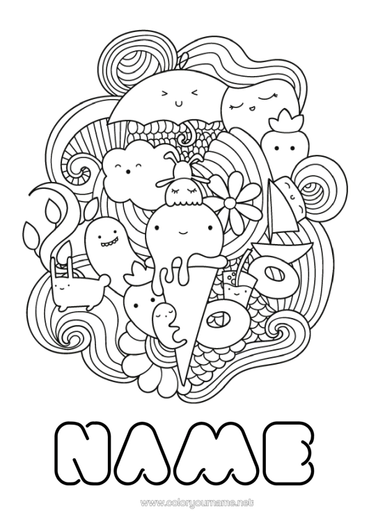 Colouring page to print Cute Cute Food Treats, Sweets Ice Cream