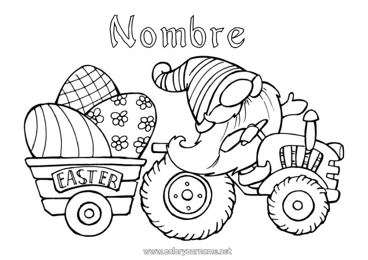 Dibujo para colorear para imprimir Gnomo Huevos de Pascua Tractor Vehículos agrícolas Agricultor Oficios de la Granja