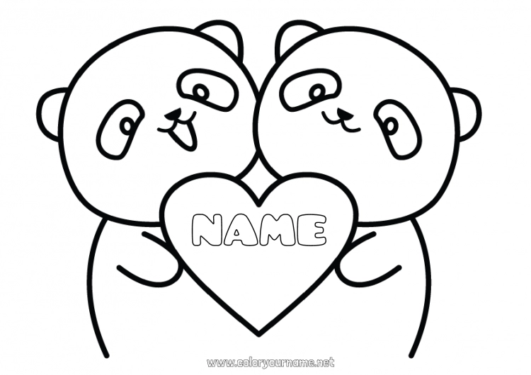 Coloring page to print Heart I love you Animal Valentine's Day Panda Other animals of the world