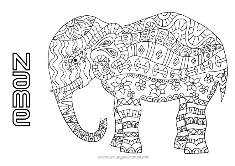 Colouring page to print Mandala Elephant Animal Farm Animals Wild Animals Of Africa