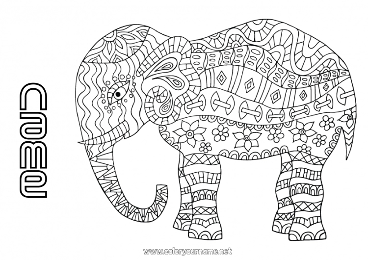 Coloring page to print Mandala Elephant Animal Farm animals Wild animals of Africa